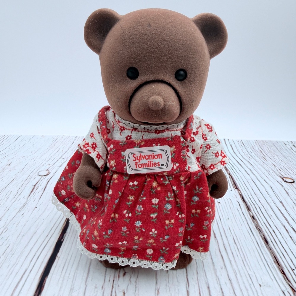 Vintage Sylvanian Families TOMY Brown Bear Mother Figure Red Floral Dress HTF
